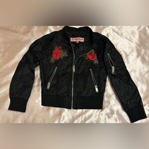 Urban Republic Black Bomber Jacket with Red Floral Embroidery
